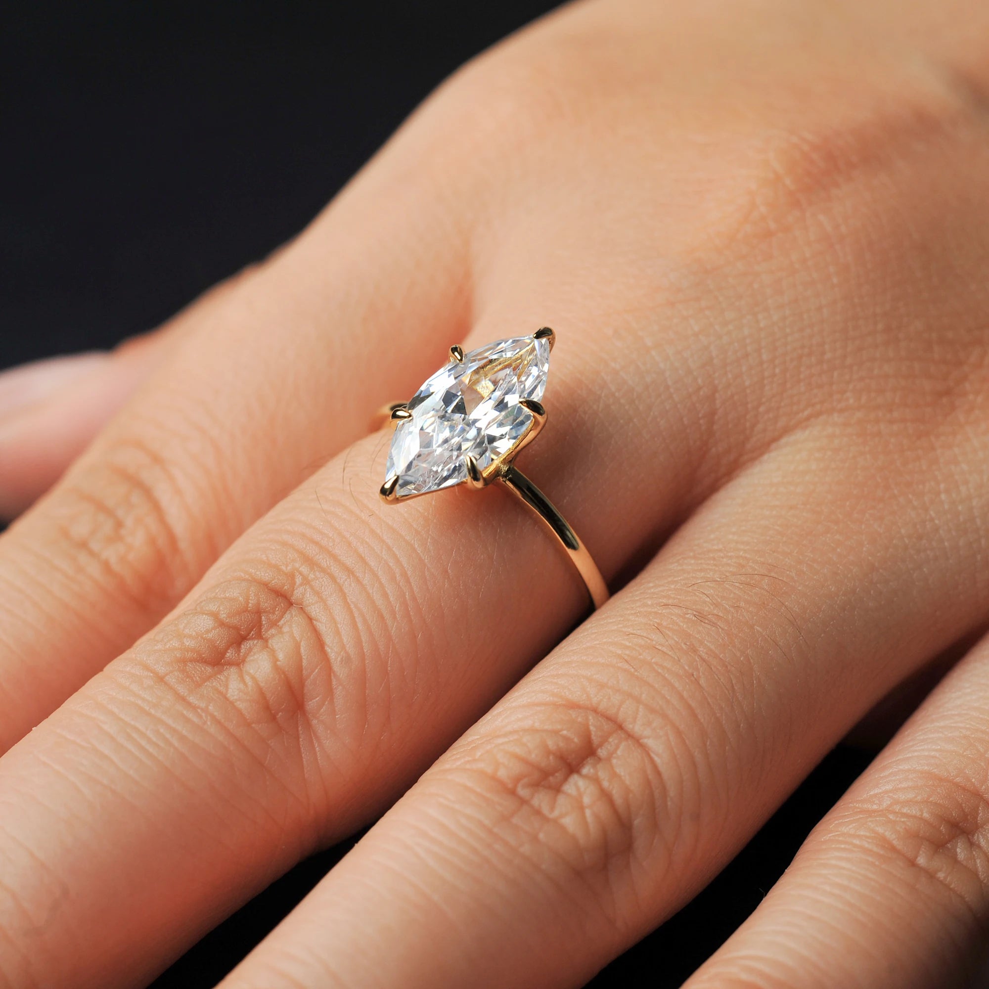 Elegant Marquise Solitaire Ring for Women | Sterling Silver & Gold Finish