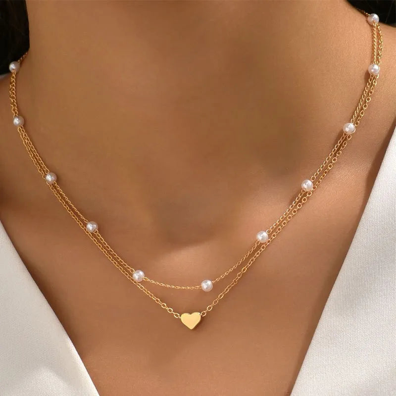 Pearl & Gold Heart Necklace Set