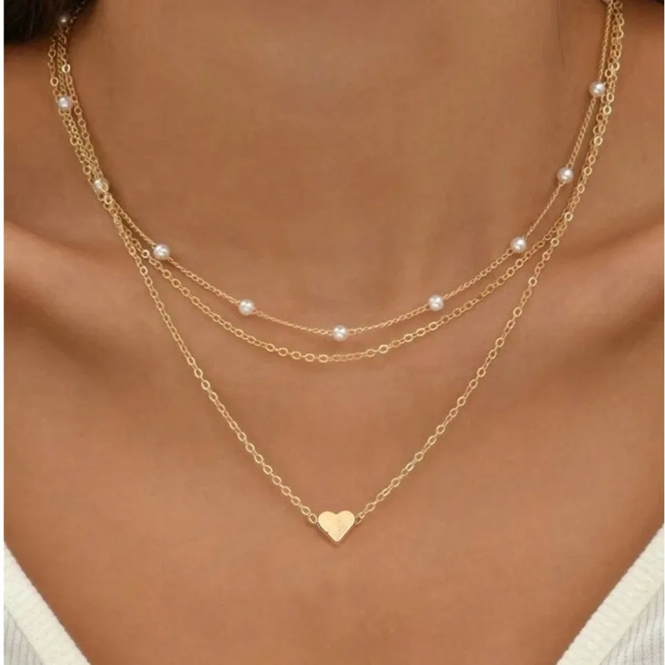 Pearl & Gold Heart Necklace Set