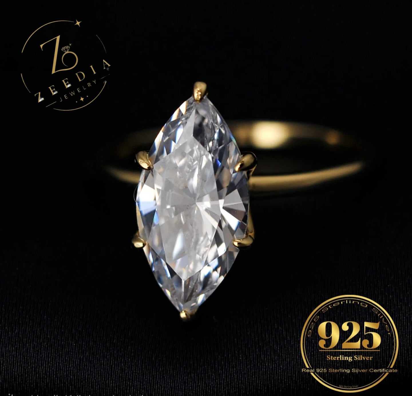 Elegant Marquise Solitaire Ring for Women | Sterling Silver & Gold Finish